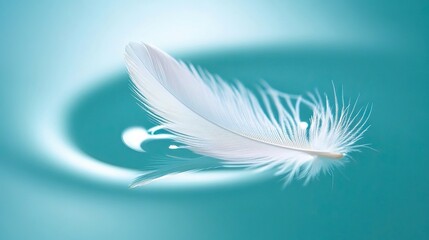 Fototapeta premium Soft white feather floating on a clear turquoise surface, casting reflections and creating delicate ripples, symbolizing peace and lightness.