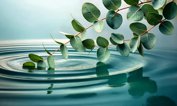 Eucalyptus branch gracefully floating on calm water with soft ripples.
