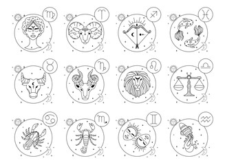 Zodiac signs in line style. Black and white Horoscope icons. Flat vector illustration