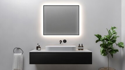 Matte black hardware, floating vanity, soft LED under-lighting, sleek look