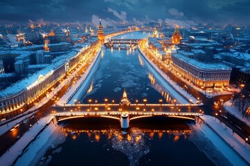 Fototapeta premium An aerial image of a snow-covered city center, with icy rivers and illuminated streetlights creating a winter wonderland