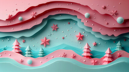 paper cut art, a Christmas scene with a pink and turquoise color palette, simple shapes, stars, trees, and wavy hills