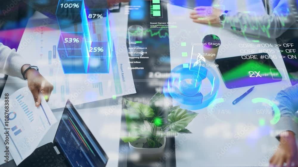 Poster top down view on table: executives and businesspeople work with data projections during meeting. hol
