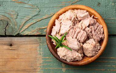 Canned tuna in bowl photography . Top view