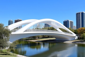 Fototapeta premium An artistic bridge with abstract wave-like steel arches spanning over a calm river
