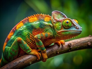 Fototapeta premium Vibrant Chameleon on Tree Branch Surrounded by Lush Greenery Captured with Drone Photography for Nature Lovers and Wildlife Enthusiasts