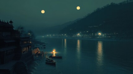 Fototapeta premium Sacred dusk at the Ganga river, devotees performing evening aarti, flames glowing, peaceful ambiance
