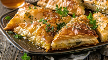 A delightful platter of Greek tiropita, flaky phyllo pastry filled with feta cheese and herbs