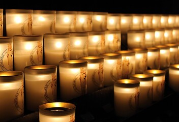 A row of lit candles in glass holders, casting a warm glow in a dimly lit space, evoking a...