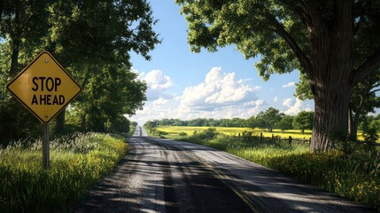 Caution Rural Road with Distinctive "STOP AHEAD" Sign