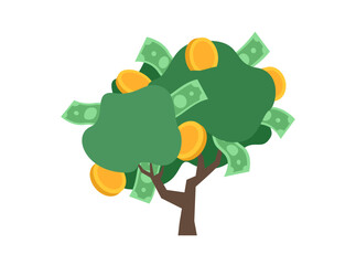 Money tree with gold coins and paper dollars. Financial and investment growth concept. Flat vector illustration isolated on white background.
