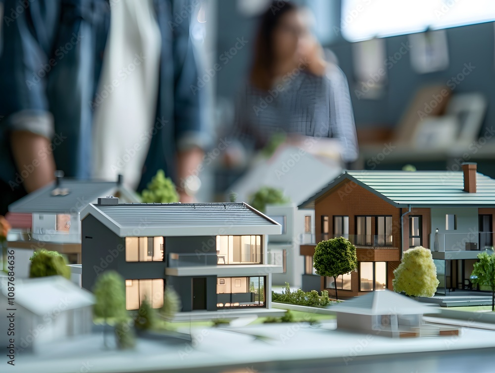 Poster A Close-Up View of Architectural Models and Designers Collaborating on Innovative Housing Projects in a Bright and Creative Workspace
