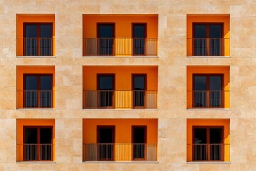 Fototapeta premium Close-up of abstract architectural details in a minimalist building, with repeating rectangular windows