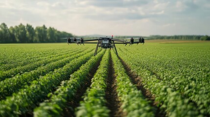 A drone flies over a field of crops, spraying pesticides.