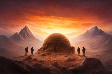 Fototapeta premium A group of four people are standing in front of a large, mysterious object