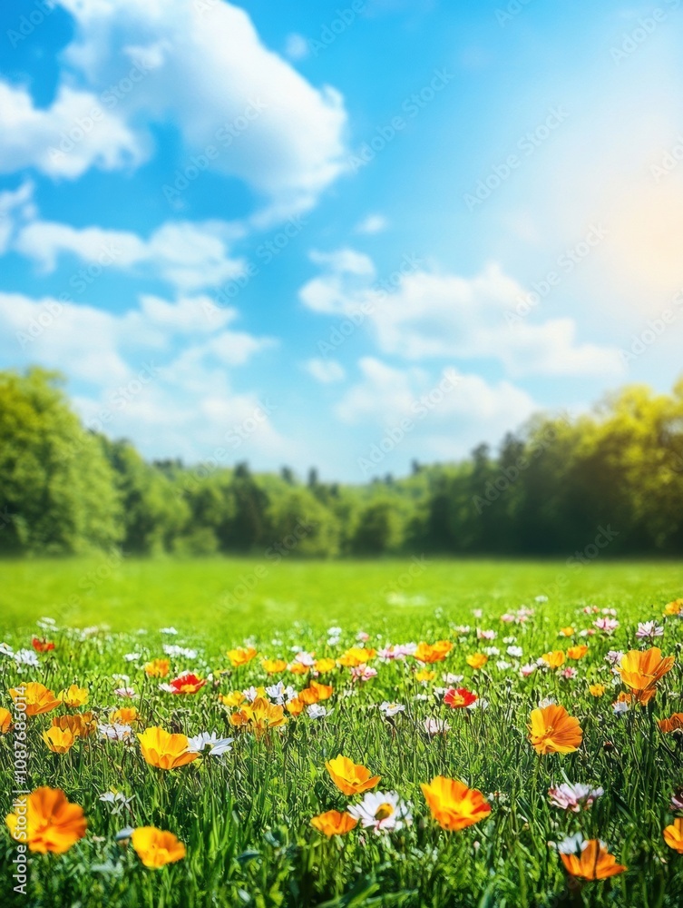 Poster a vibrant display of colorful flowers decorates a lush green meadow, basking in the warmth of a sunn
