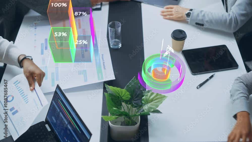 Poster Top Down Smart Meeting: AI-Enhanced Data Analytics Dashboard, Real-Time Holographic Business Intelligence, Machine Learning Projections, Digital Transformation Strategy, Augmented Boardroom Technology