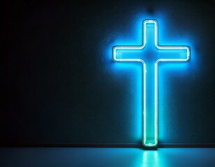 Glowing Neon Cross Teal neon cross on dark background 