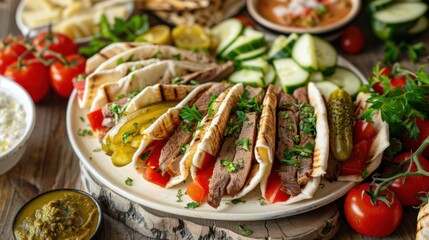 A delightful platter of Lebanese shawarma, thinly sliced marinated meat wrapped in pita bread with tahini sauce and pickles