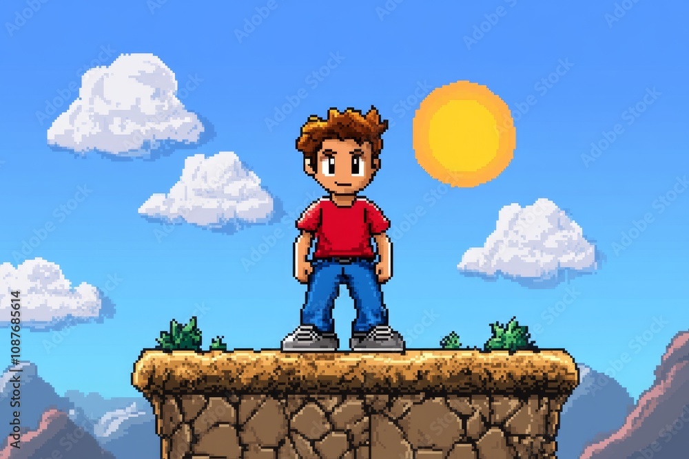 Poster pixel art of an adventurer climbing a mountain in a retro video game style, with bright pixelated la