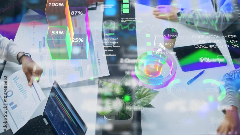 Aufkleber Top-down View of Business Meeting With Interactive Data Projections. Holographic Charts, Graphs, and Percentages Overlay Physical Documents, Showcasing Innovative Analysis and Collaboration