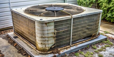 Old Air Conditioner Unit Rusty, Dirty, Outdoor, Close-up, Square Composition, HVAC Repair, AC Maintenance HVAC system