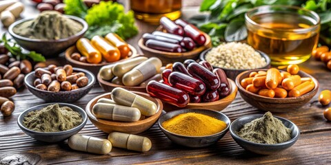 Fototapeta premium Natural Supplements Variety of Capsules and Powders, Wooden Bowls, Herbal Concept, High-Angle View Supplements, Herbal Medicine