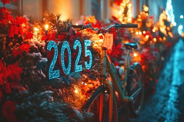 Bicycle-powered holiday parade float featuring "2025" in eco-friendly decorations
