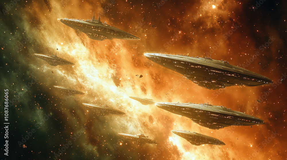 Poster spaceships travel through a vibrant galaxy with swirling colors and cosmic energy during an interste