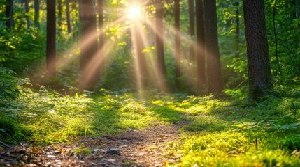 Fototapeta premium Serene forest floor, mushrooms bathed in sunlight, open area for text