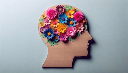 Cardboard silhouette of a human head decorated with flowers. Mental health concept