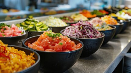 Fototapeta premium A delightful poke bowl bar with choices like tuna, salmon