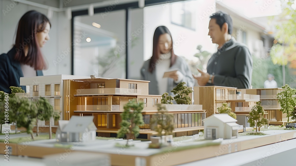 Poster architectural models of modern homes showcased in a design studio with professionals discussing the 