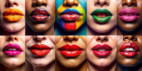 Fototapeta premium Colorful Lips A Diverse Collage of Lip Colors and Makeup, Lipstick, Beauty
