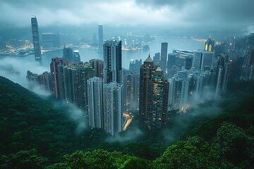 A Panoramic Skyline of Hong Kong City from the Peak.
