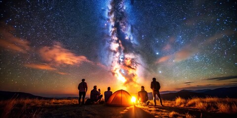 Campfire Under Milky Way Four Silhouettes, Night Sky, Starry Landscape, Camping, Astrophotography Camping, Astrophotography