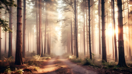 Fototapeta premium Foggy Forest for Self-Discovery. Perfect for: Self-discovery retreats, Spiritual awakenings, Forest meditations