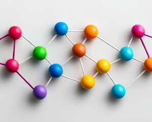 Obraz premium Colorful spherical shapes are connected by white lines, forming a geometric pattern that resembles a molecular or abstract design.