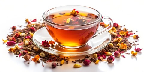 Aromatic Herbal Tea in Glass Cup Composition, Still Life Photography, Floral Concept Herbal tea, flower tea
