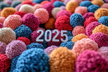 Party Decoration Ideas. 2025 numbers on colorful pompom decorations vibrant festive background for New Year celebration party event greeting card winter holiday bright cheerful texture