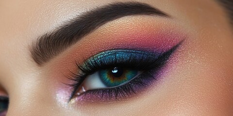 Fototapeta premium Vibrant mixed color eye shadow makeup paired with a subtle blush creates a stunning look, emphasizing the artistry of mixed color eye shadow and blush for a captivating appearance.