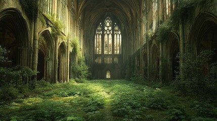 Obraz premium Overgrown Gothic cathedral with lush greenery and ornate architectural details