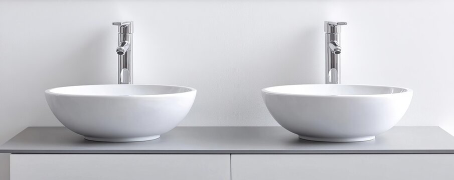 Wide double vanity, vessel sinks, sleek chrome fixtures, modern elegance