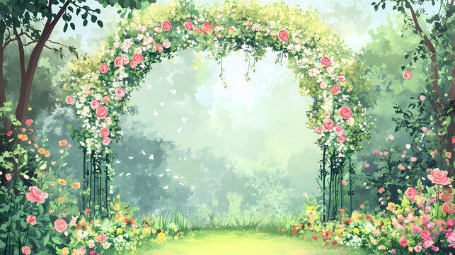 Wedding card with a whimsical garden theme an open area for text at the top. Whimsical Fairy Garden. Illustration