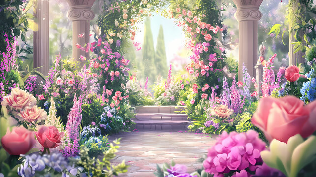 Wedding card with a whimsical garden theme an open area for text at the top. Whimsical Fairy Garden. Illustration