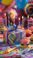 Fototapeta premium Vibrant Birthday Party Setting with Gift Box and Colorful Decorations for Celebration Posters