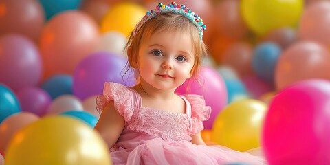 Obraz premium Portrait of a small, beautiful baby girl in an elegant pink dress celebrating a holiday surrounded by colorful balloons, capturing the essence of joy and innocence in this delightful scene.