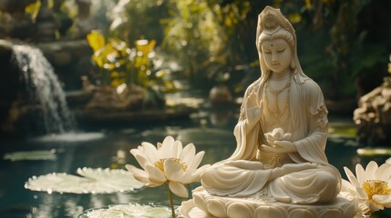 Serene Guanyin with lotus flower, soft light highlighting her flowing robes in intricate detail