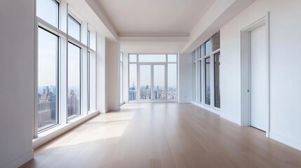 Obraz premium Wide open layout, floor-to-ceiling windows, city view, modern luxury bathroom