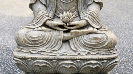 Fototapeta premium Serene Guanyin with lotus flower, soft light highlighting her flowing robes in intricate detail